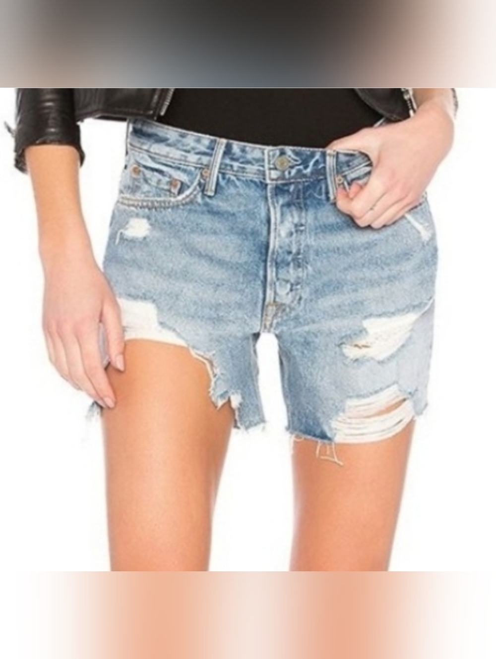 GRLFRND Jourdan Distressed Ripped High-Waist Denim Shorts in Tattered Color
